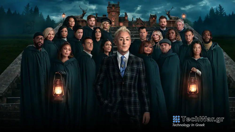 Promotional image for The Traitors U.S. season 2 featuring Alan Cumming and contestants such as Deontay Wilder and Marcus Jordan.