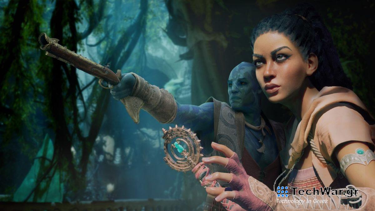 Two characters armed with weapons in Avowed.