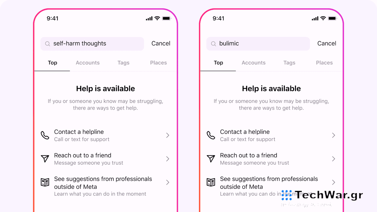 Two phone screens displaying Facebook content filters for minors