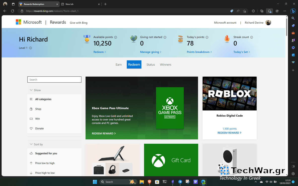 Redeeming Microsoft Rewards points in Microsoft Edge