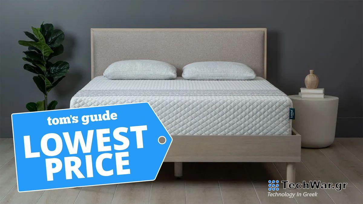 The Leesa Sapira Mattress shown on a beige fabric bedframe with a blue lowest price sale badge overlaid