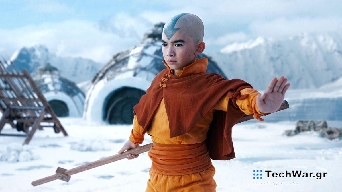 Aang prepares to do battle on a snow-filled field in Netflix