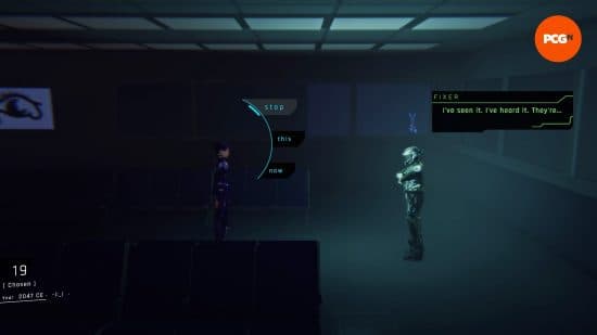 Προεπισκόπηση 1000xResist: Το Watcher ανταποκρίνεται στους ισχυρισμούς του Fixer με ένα σύνολο επιλογών διαλόγου: «διακοπή», «αυτό» και «τώρα».