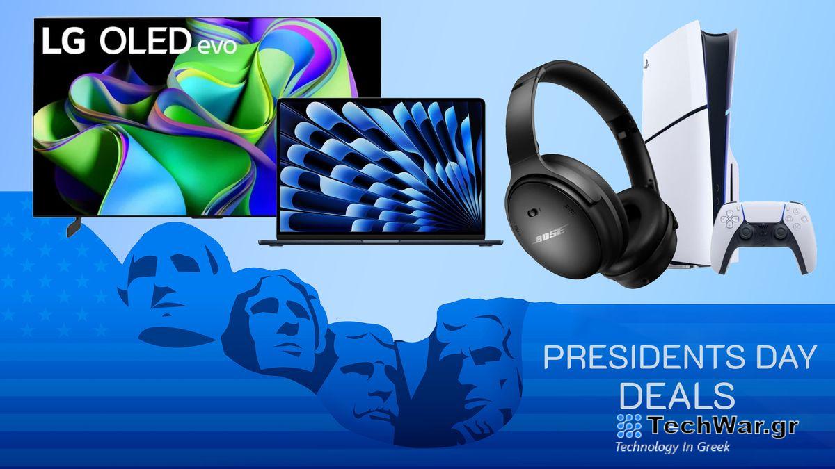 LG OLED TV, MacBook, Bose headphones, and PS5 shown above Mount Rushmore graphic