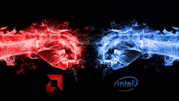 AMD in red and Intel in blue fists about to strike