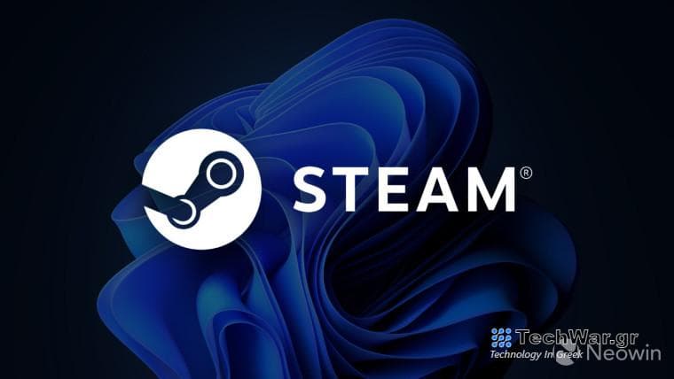 A Steam logo with Windows 11s default walppaper in the background