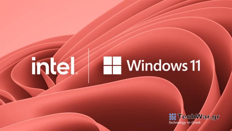 Intel and Windows 11 logos side by side in red