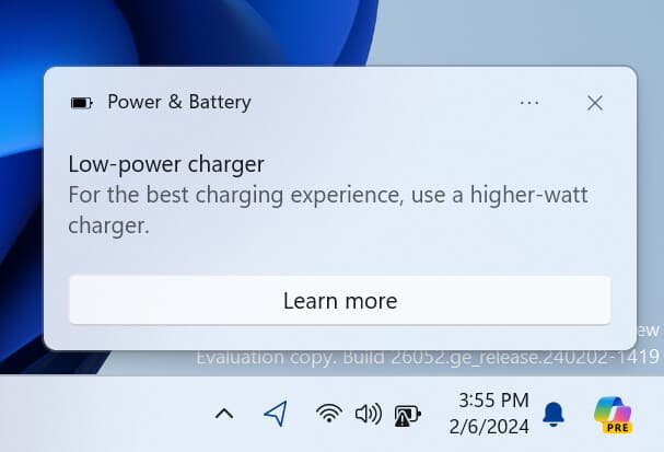 Updated notification when a PC detects a slow charger.
