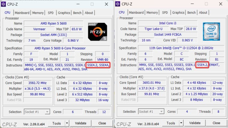 CPU-Z app with some of instructions highlighted