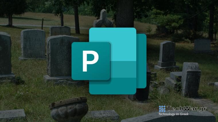 Microsoft Publisher logo with a cemetery on the background