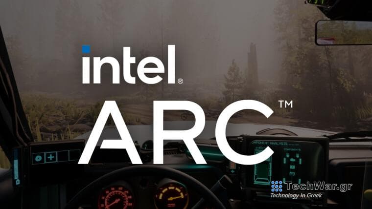Intel Arc logo with a Pacific Drive screenshot behind it