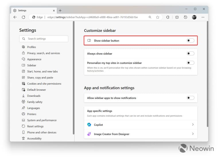 Ρυθμίσεις Edge Sidebar στο Edge 122