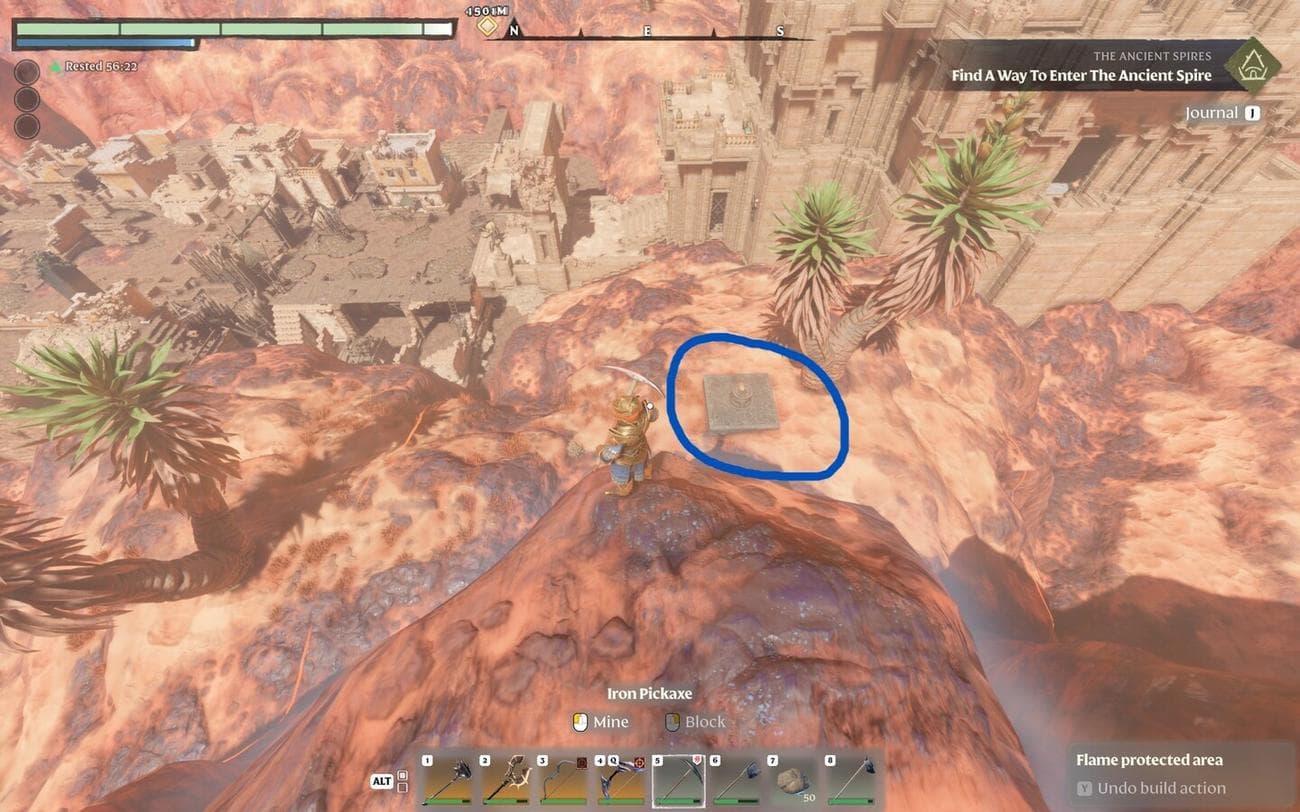 Ένας μπλε κύκλος υποδηλώνει τη θέση ενός Βωμού της Φλόγας