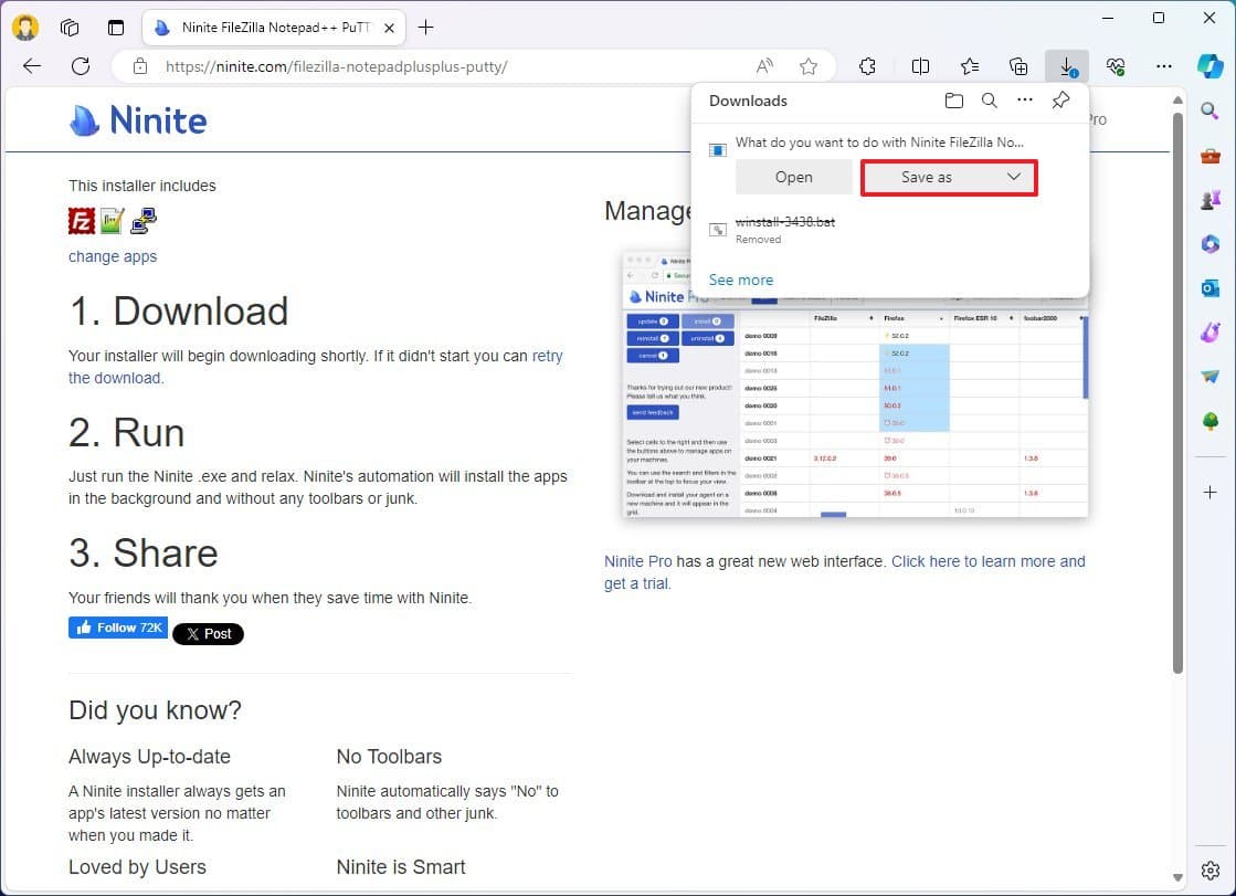 Αποθήκευση αρχείου Ninite