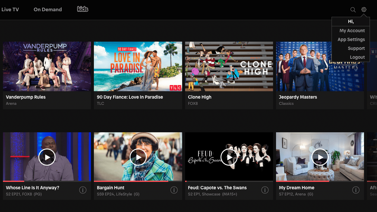 Στιγμιότυπο οθόνης του αναπτυσσόμενου μενού Foxtel Now