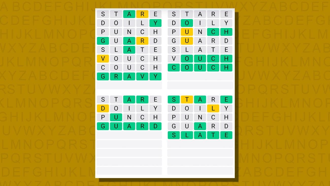 Quordle απαντήσεις για το παιχνίδι 748 σε κίτρινο φόντο