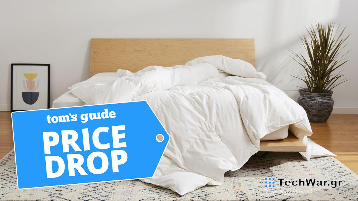 Brooklinen comforter shown on bed