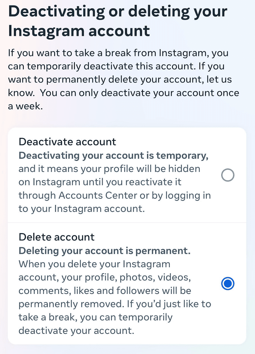 Απενεργοποίηση/Διαγραφή Instagram