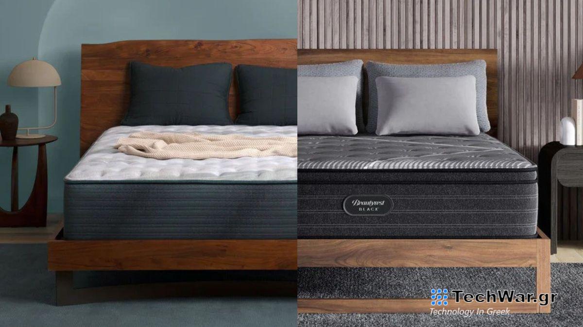 Beautyrest Harmony Lux mattress is seen on the left hand side of the image and the Beautyrest Black mattress is seen on the left