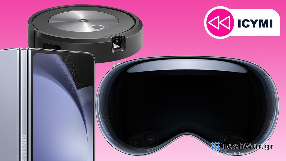 A Samsung Galaxy Fold 5 folding in half next to Roomba robot vacuum and Apple Vision Pro