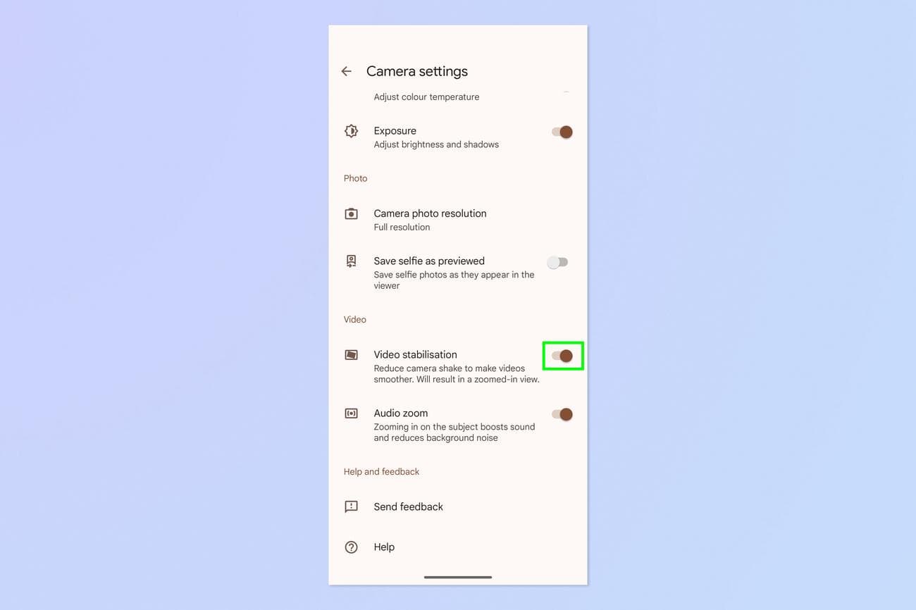 Ένα στιγμιότυπο οθόνης που δείχνει πώς να ενεργοποιήσετε τη σταθεροποίηση βίντεο σε τηλέφωνα Google Pixel