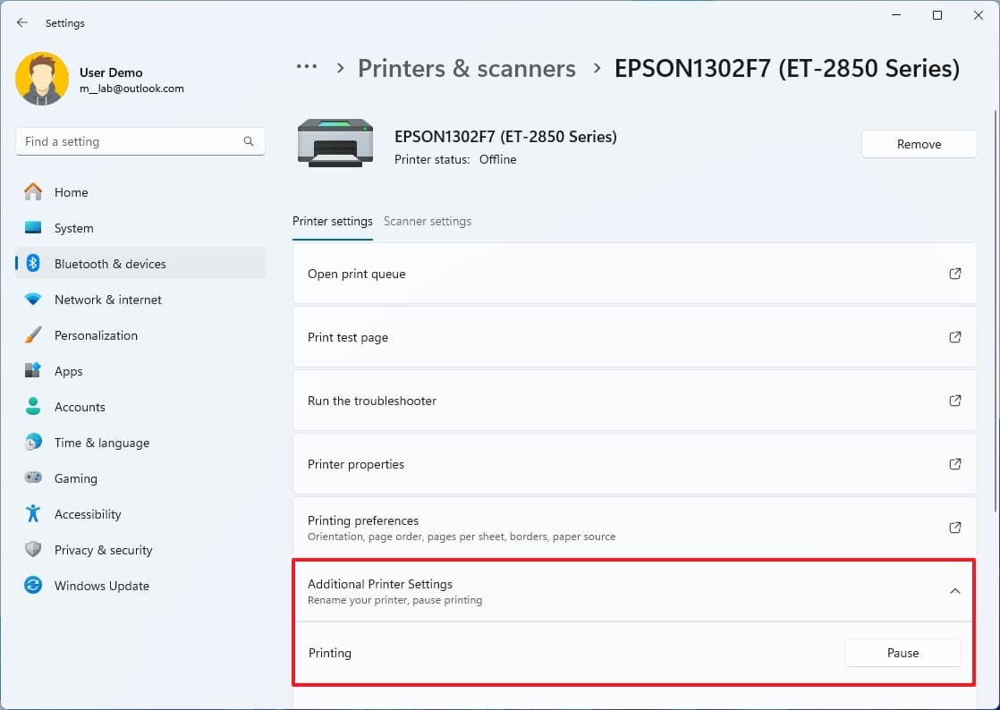 Ρυθμίσεις επιλογή παύσης εργασίας εκτυπωτή