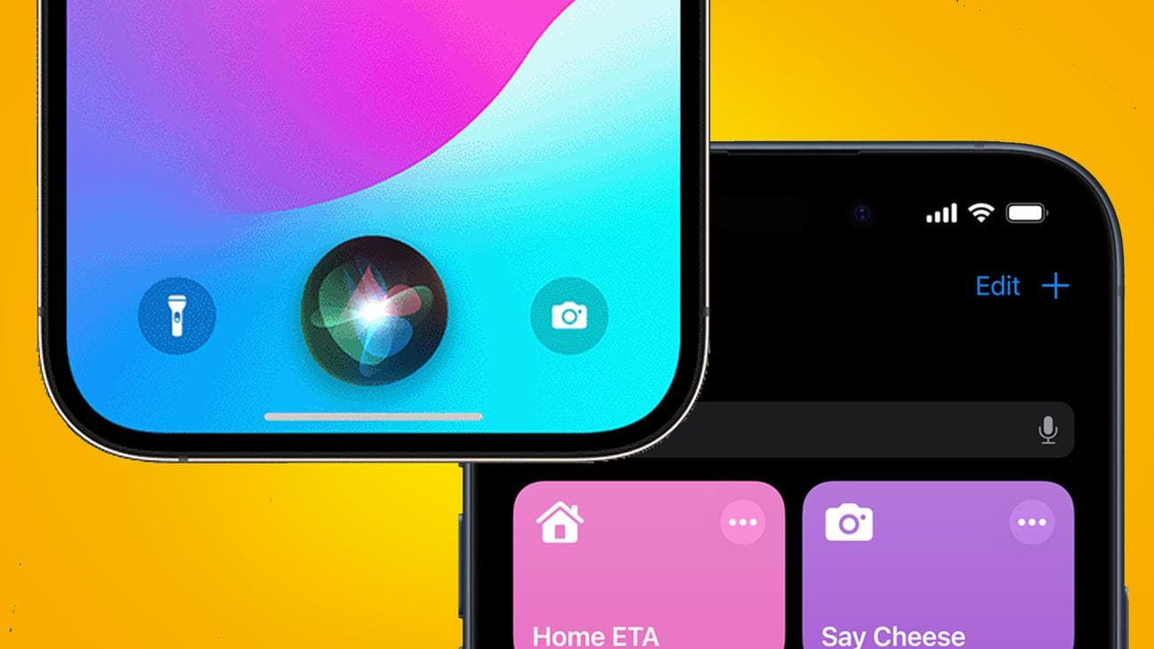 Δύο iPhone σε πορτοκαλί φόντο που δείχνουν τον βοηθό Siri και συντομεύσεις