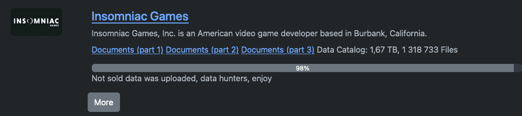 Διαρροή Insomniac Games στον ιστότοπο διαρροής της Rhysida