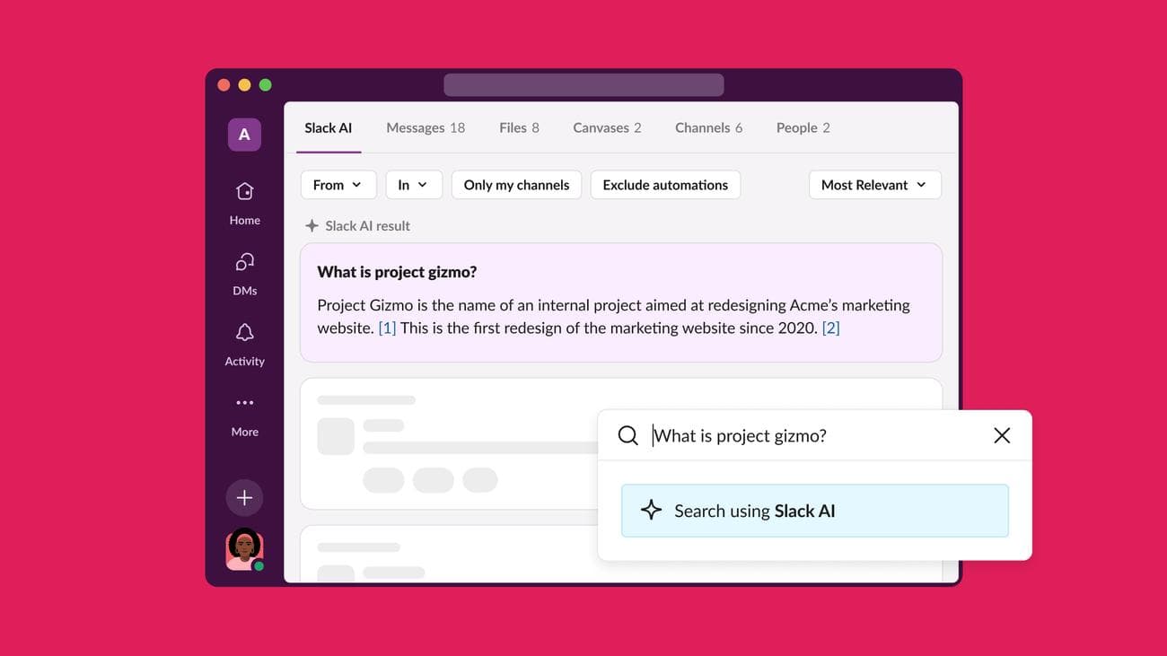 Αναζήτηση Slack AI που ρωτά τι είναι το project gizmo και δίνει μια απάντηση που προέρχεται από το αρχείο απαντήσεων Slack.