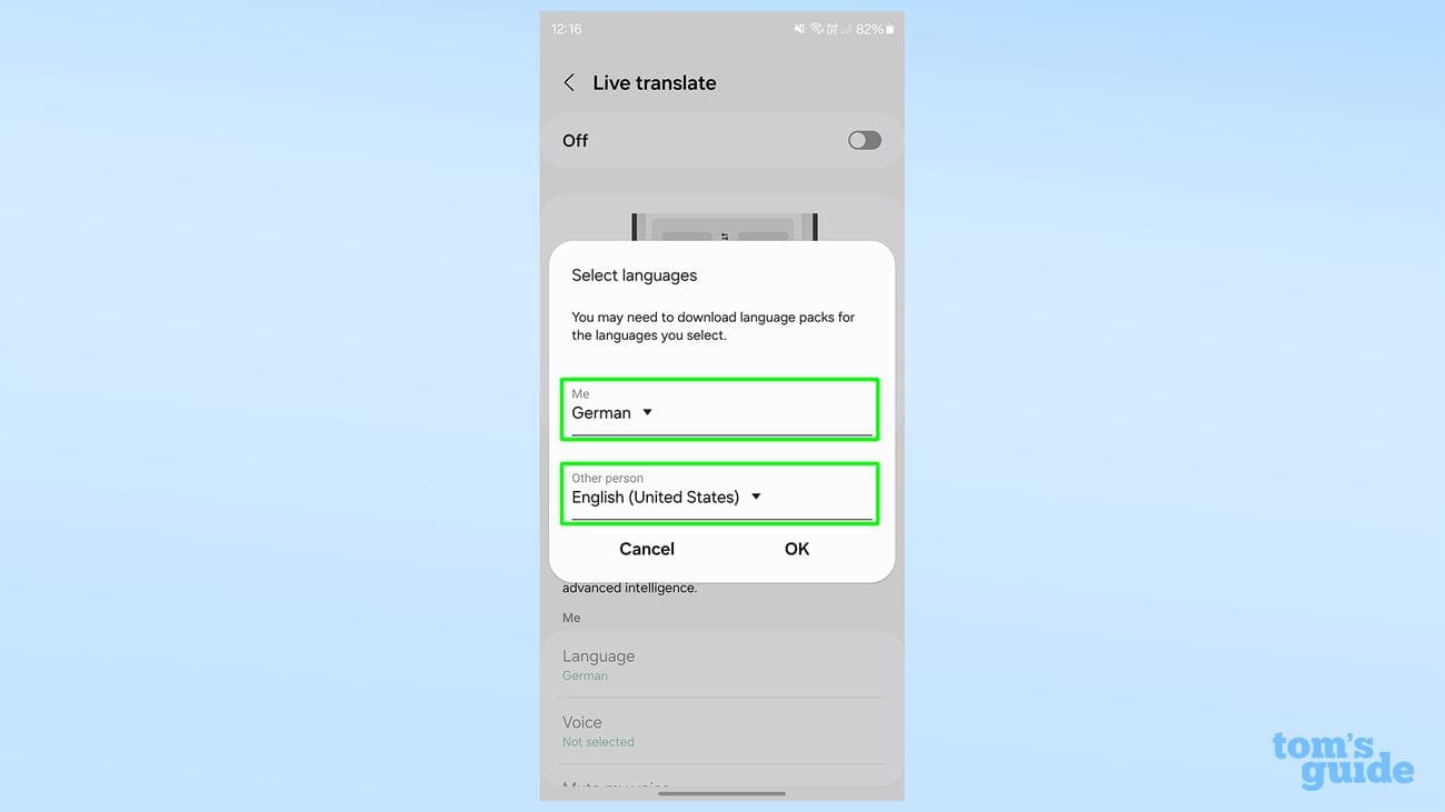 Επιλογή γλωσσών ζωντανής μετάφρασης στο Samsung Galaxy S24
