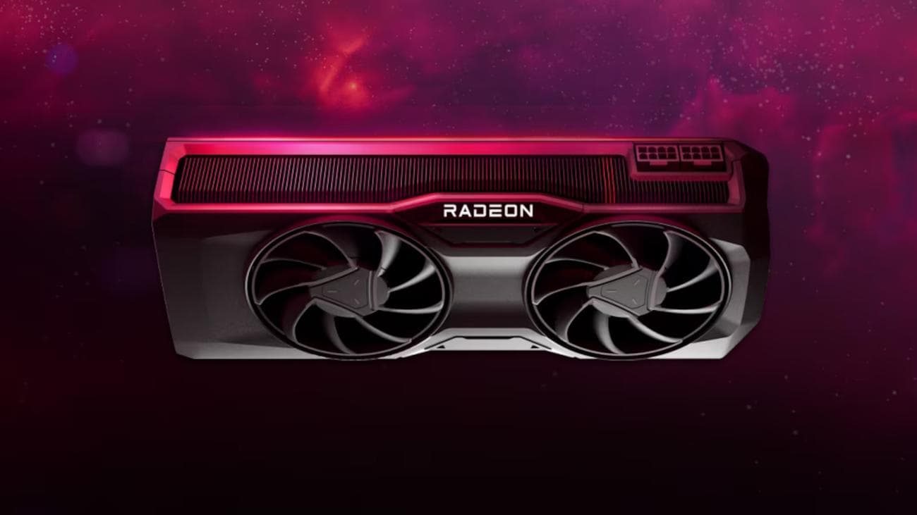Προδιαγραφές AMD Radeon RX 7800 XT: Μια κάρτα γραφικών αναφοράς Radeon επιπλέει σε φόντο σκούρου κόκκινου νεφελώματος