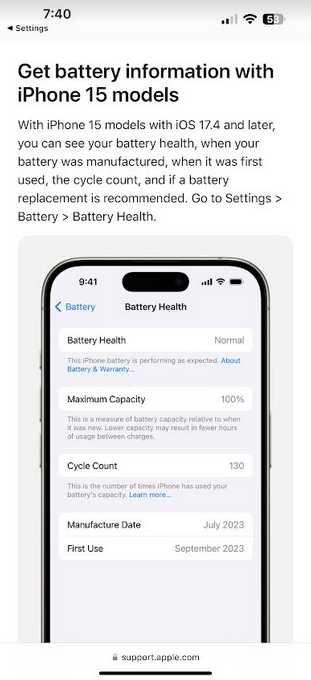 Με το iOS 17.4, η Apple κάνει μια αλλαγή στην ενότητα Battery Health της εφαρμογής ρυθμίσεων iPhone στη γραμμή iPhone 15 - οι χρήστες iPhone 15 μπορούν να ελέγξουν την υγεία της μπαταρίας τους με μια ματιά μετά την ενημέρωση στο iOS 17.4