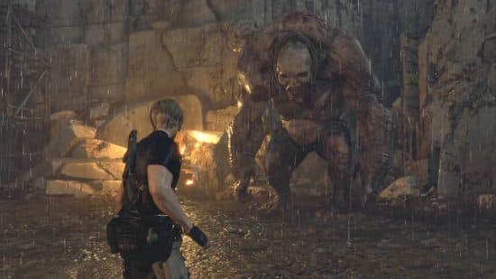 Best action adventure games - Leon Kennedy is standing in a quarry about to face off against a giant in Resident Evil 4 Remake.