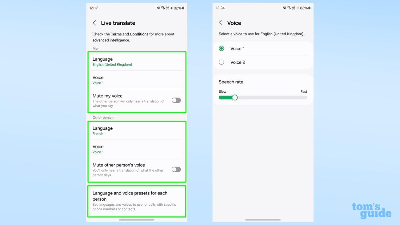Επιλέγοντας τις ρυθμίσεις φωνής ζωντανής μετάφρασης στο Samsung Galaxy S24