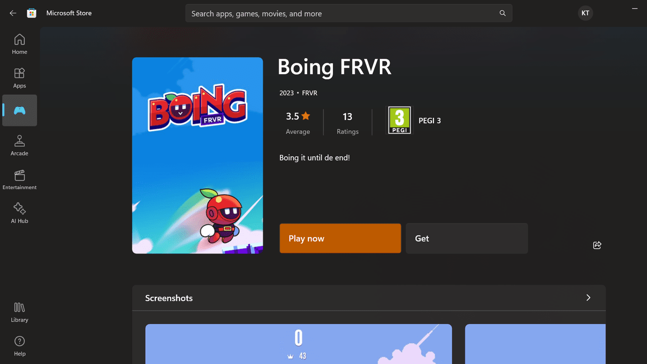 Ένα στιγμιότυπο οθόνης ενός Instant Game, Boing FRVR, στο Microsoft Store