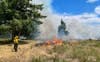 firefighters in yellow jackets stand amongst grass looking at a small fire