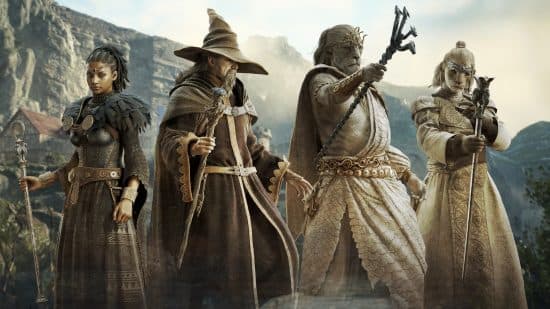 τέσσερις μάγοι από το dragons dogma 2 φορώντας διαφορετικά σετ πανοπλιών