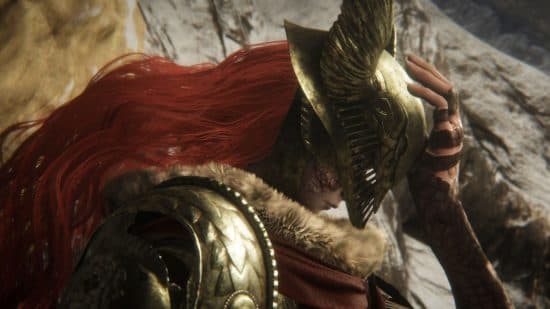 Elden Ring bosses: Malenia, Blade of Miquella in profile, her red hair streaming out from underneath her iconic winged helm.