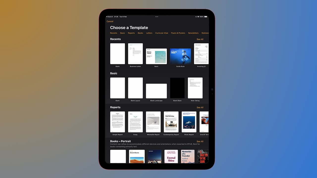 Pages app on iPad