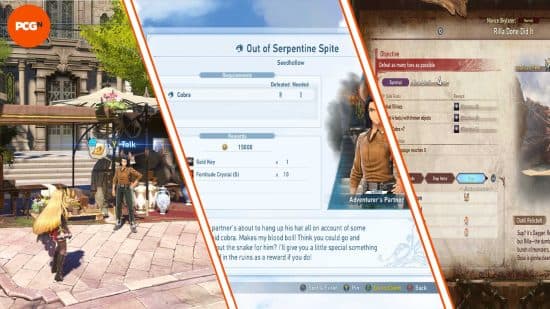 Ένα τριμερές infographic που δείχνει πώς να αποκτήσετε και να καθαρίσετε την αποστολή Cobra που απαιτείται για να αποκτήσετε το Gold Key στο Granblue Fantasy Relink.