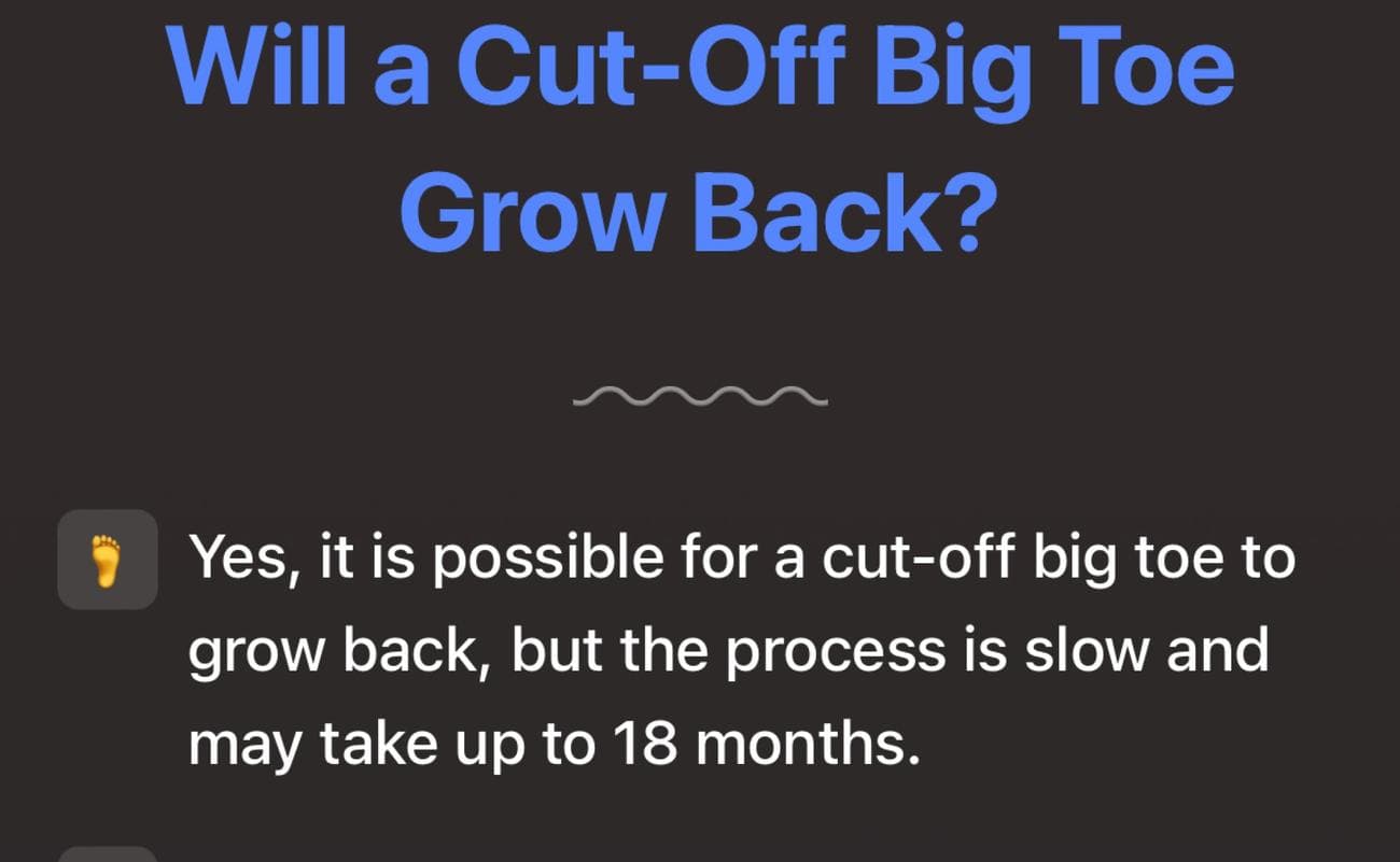 Αποτέλεσμα λανθασμένα ισχυρισμός ότι τα δάχτυλα των ποδιών μεγαλώνουν ξανά σε ορισμένες περιπτώσεις, σημειώνοντας ότι "μπορεί να χρειαστούν έως και 18 μήνες".