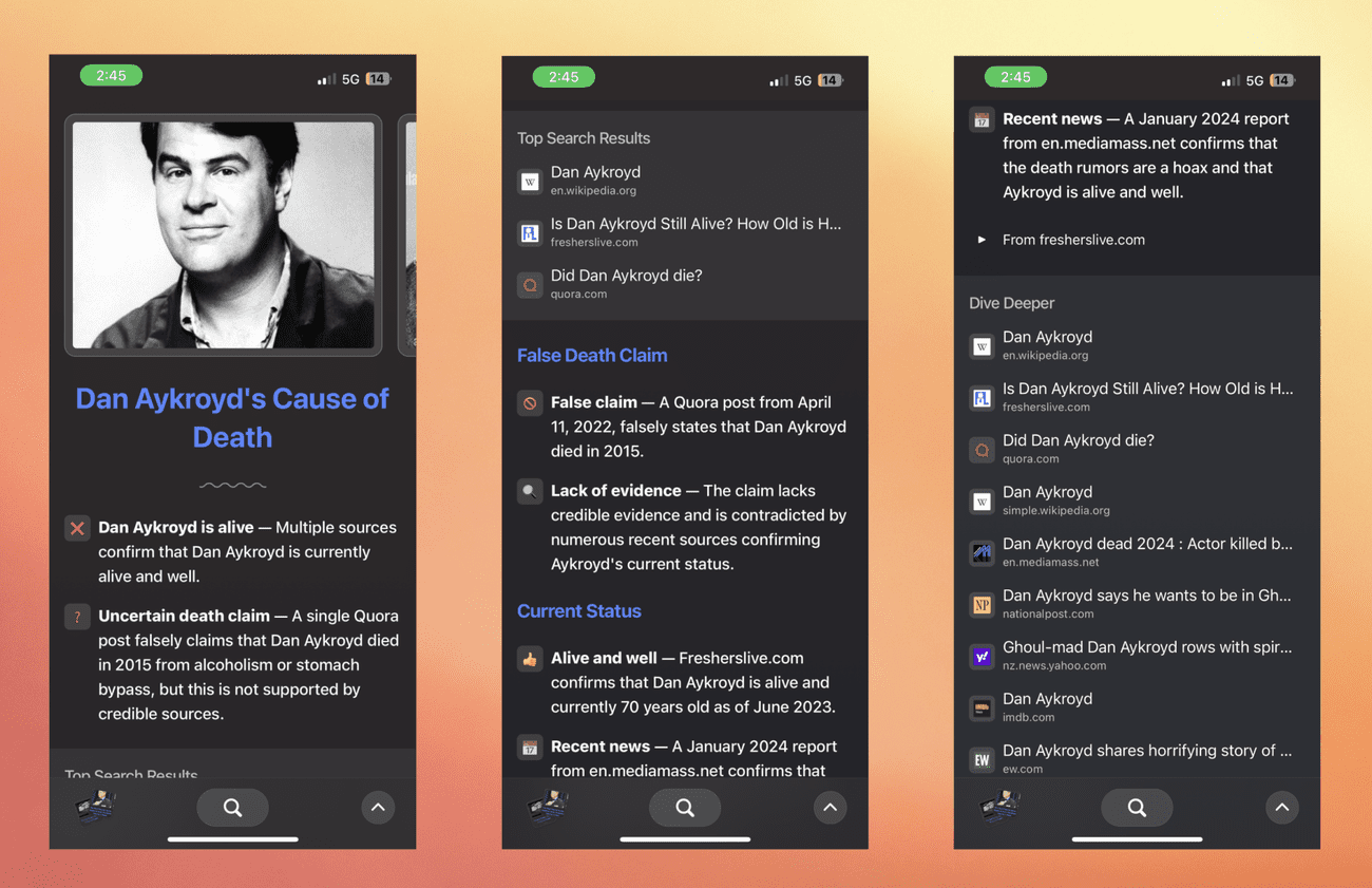 σελίδα αποτελεσμάτων αναζήτησης με τίτλο "Αιτία θανάτου του Dan Aykroyd" αλλά το οποίο ωστόσο αναφέρει ότι ο Dan Aykroyd είναι ζωντανός.