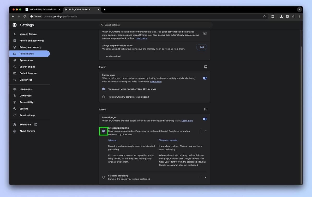 Ένα στιγμιότυπο οθόνης που δείχνει πώς να ενεργοποιήσετε την Εκτεταμένη προφόρτωση στο Chrome