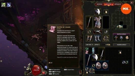 Ένας παίκτης μόλις πήρε το θραύσμα Glyph of CHaos το οποίο τροποποιεί το αποτέλεσμα της αναβάθμισης ενός προσάρτημα μέσω της δημιουργίας Last Epoch.