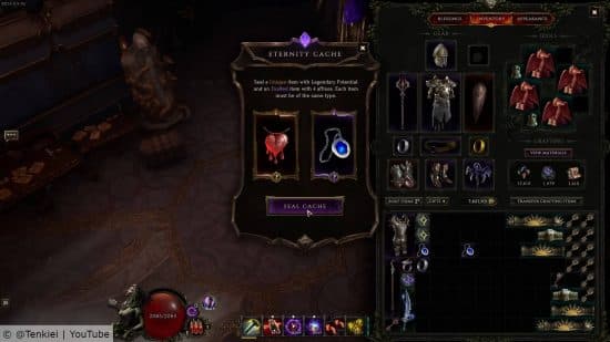 Last Epoch crafting: ο παίκτης στέκεται δίπλα σε ένα Eternity Cache, που χρειάζεται για να φτιάξει θρυλικό εξοπλισμό.