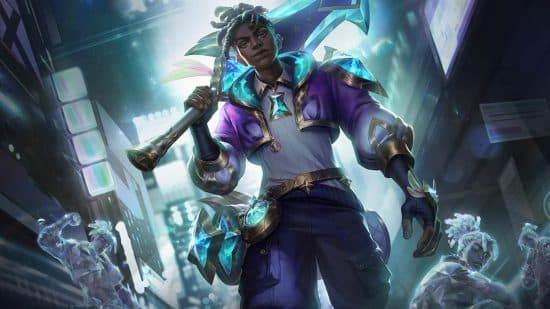 Οι τάξεις του LoL εξήγησαν: ένας άντρας που σφηνώνει μια νυχτερίδα φορώντας μωβ ρούχα.