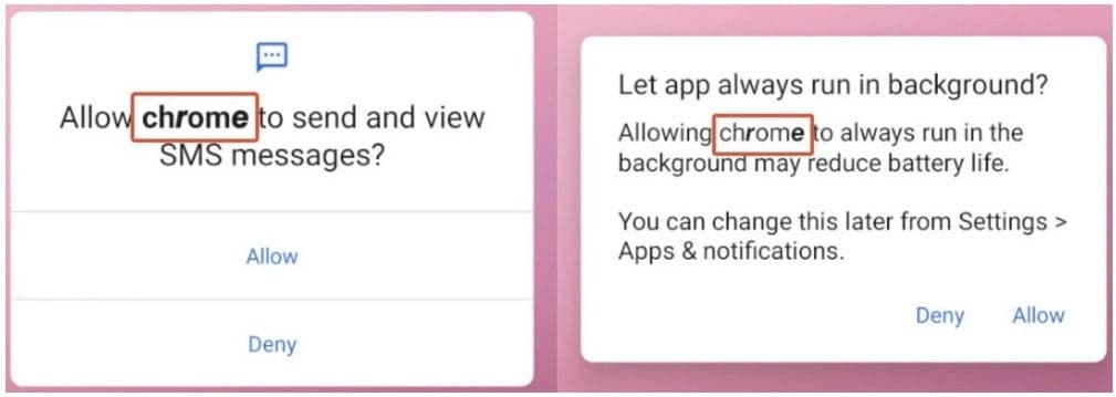 Τα ψεύτικα αιτήματα άδειας γίνονται έτσι ώστε να φαίνονται σαν να προέρχονται από το Google Chrome - Η νέα απειλή Android στέλνει τις φωτογραφίες, τα κείμενα, τις επαφές, τα δεδομένα υλικού και πολλά άλλα σε έναν ξένο διακομιστή