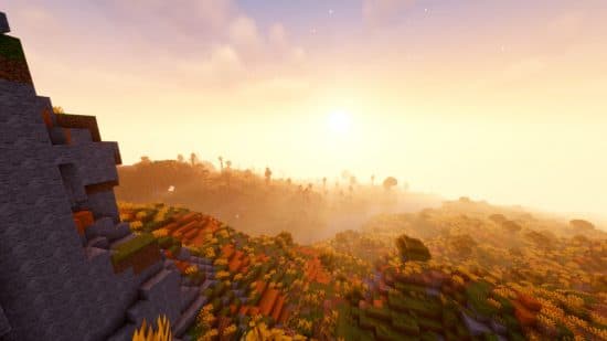 Best Minecraft shaders: A sunset in Minecraft with Unreal shaders installed.
