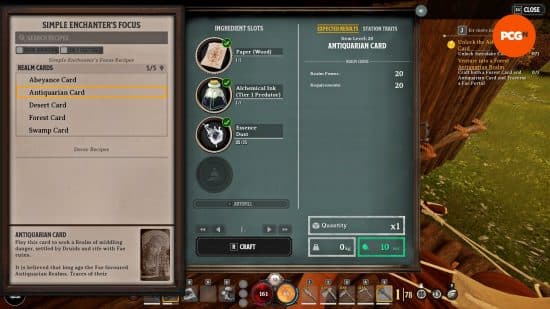 Το μενού χειροτεχνίας του Simple Enchanter's Focus εμφανίζει τη λίστα συστατικών για τις κάρτες Nightingale Realm.